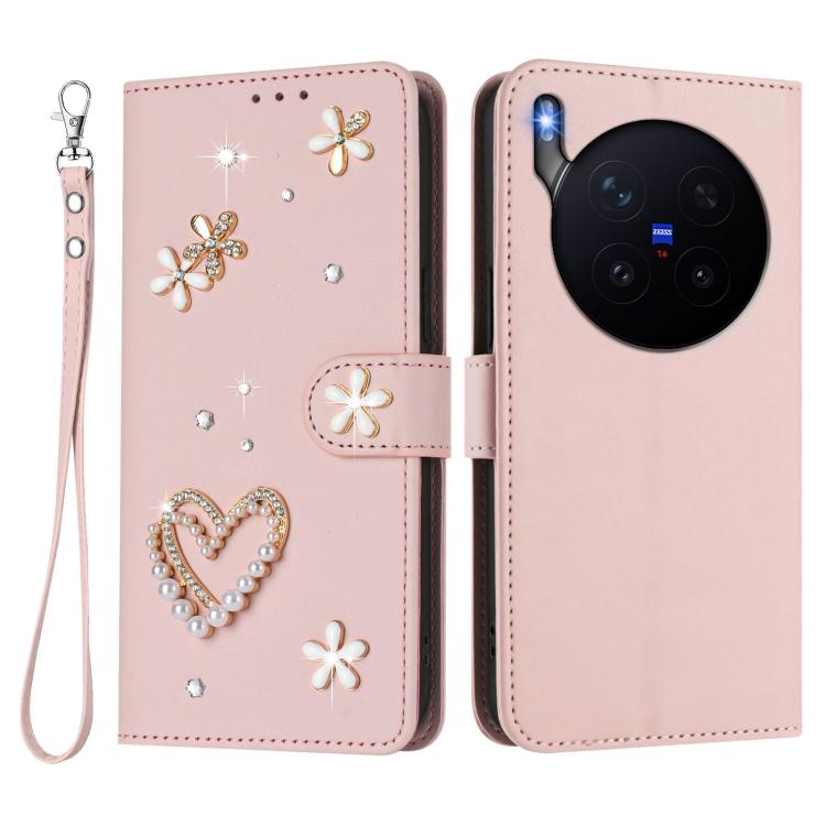 For vivo X300 Pro ZS01 Double-Layer Heart Floral Vegan Leather Phone Case with Wrist Strap