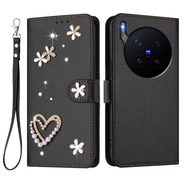 For vivo X300 Pro ZS01 Double-Layer Heart Floral Vegan Leather Phone Case with Wrist Strap