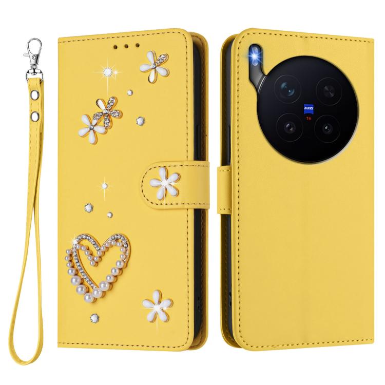 For vivo X300 Pro ZS01 Double-Layer Heart Floral Vegan Leather Phone Case with Wrist Strap