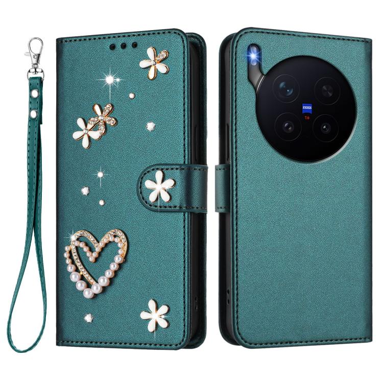 For vivo X300 Pro ZS01 Double-Layer Heart Floral Vegan Leather Phone Case with Wrist Strap