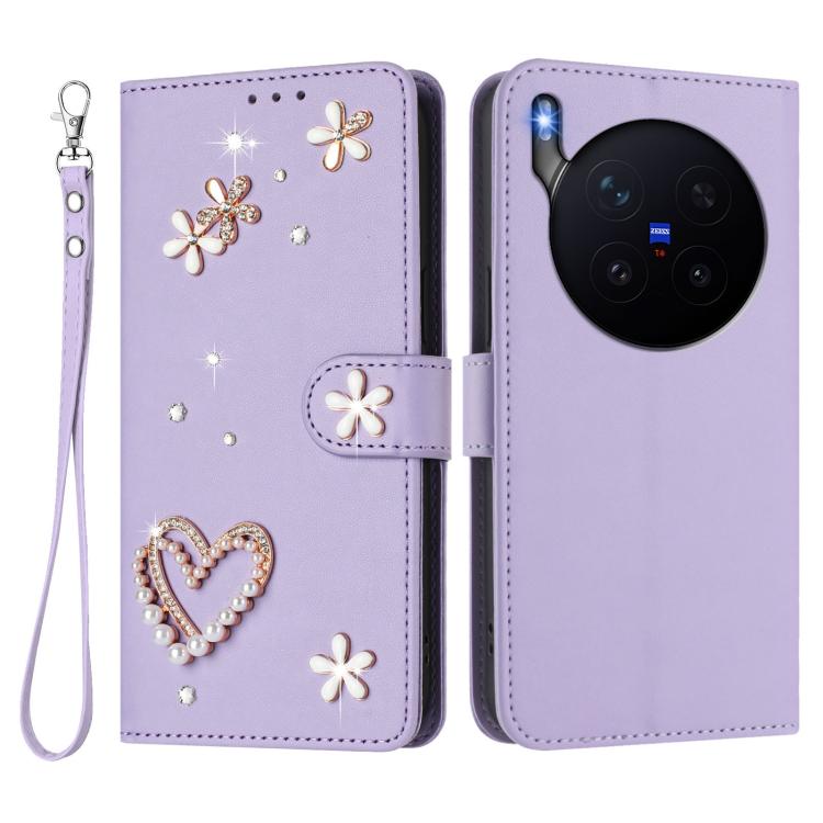 For vivo X300 Pro ZS01 Double-Layer Heart Floral Vegan Leather Phone Case with Wrist Strap