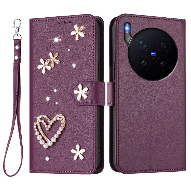 For vivo X300 Pro ZS01 Double-Layer Heart Floral Vegan Leather Phone Case with Wrist Strap