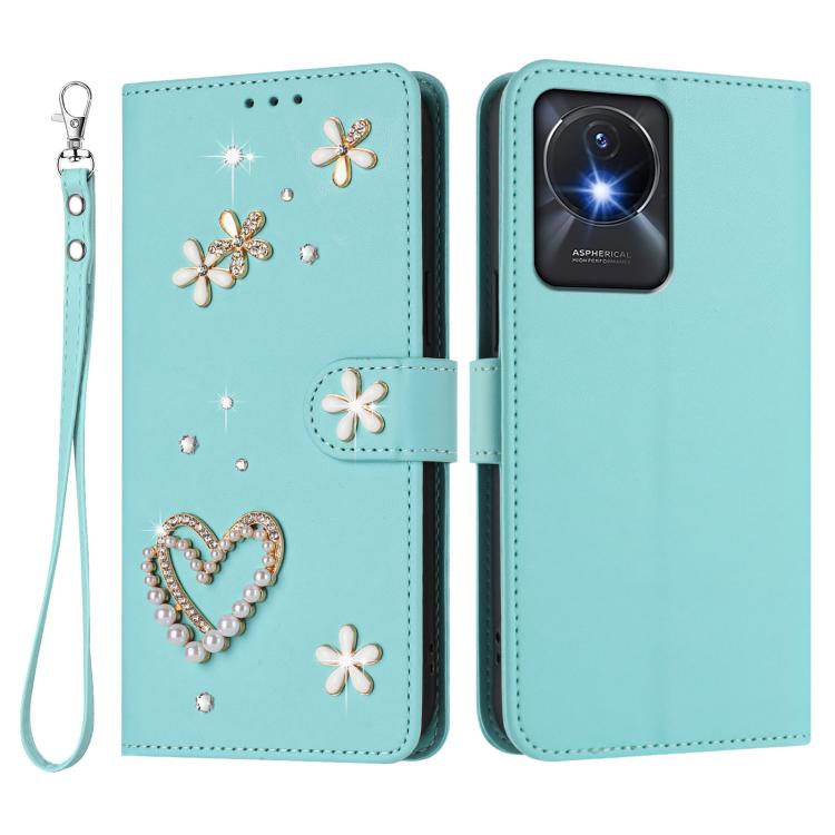 For vivo Y02A 4G / Y02 4G / Y11 2023 / Y02t ZS01 Double-Layer Heart Floral Vegan Leather Phone Case with Wrist Strap