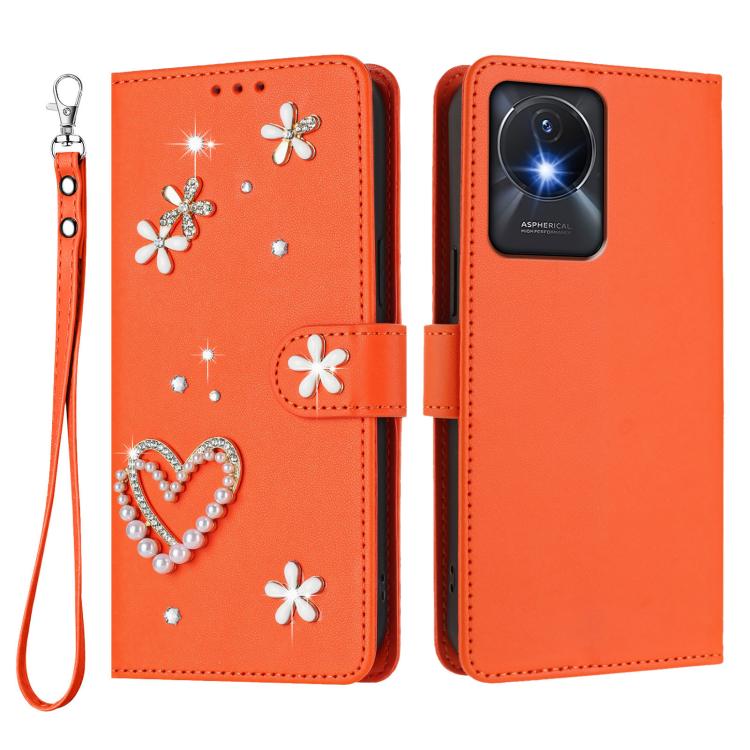 For vivo Y02A 4G / Y02 4G / Y11 2023 / Y02t ZS01 Double-Layer Heart Floral Vegan Leather Phone Case with Wrist Strap