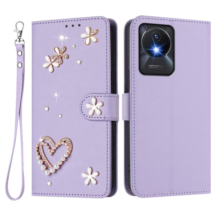 For vivo Y02A 4G / Y02 4G / Y11 2023 / Y02t ZS01 Double-Layer Heart Floral Vegan Leather Phone Case with Wrist Strap