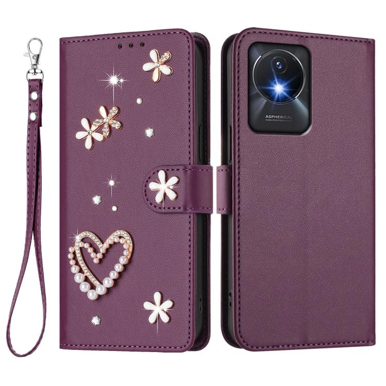 For vivo Y02A 4G / Y02 4G / Y11 2023 / Y02t ZS01 Double-Layer Heart Floral Vegan Leather Phone Case with Wrist Strap