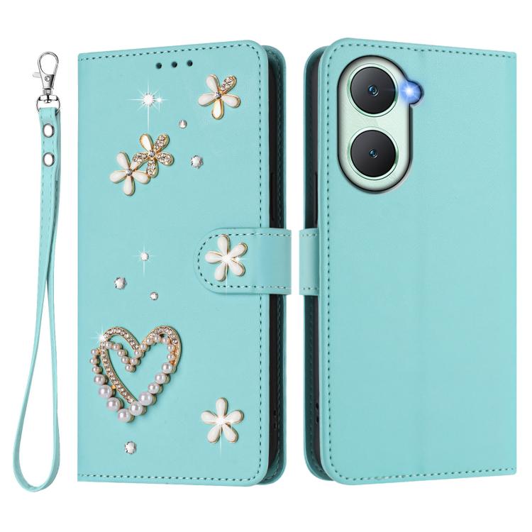 For vivo Y03 4G Global / Y18 4G Global ZS01 Double-Layer Heart Floral Vegan Leather Phone Case with Wrist Strap