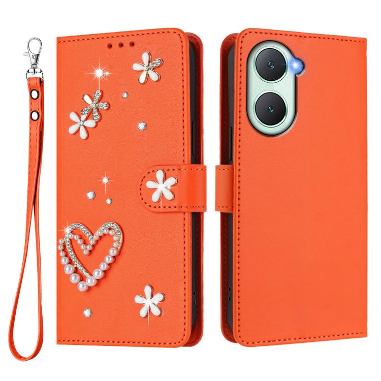 For vivo Y03 4G Global / Y18 4G Global ZS01 Double-Layer Heart Floral Vegan Leather Phone Case with Wrist Strap