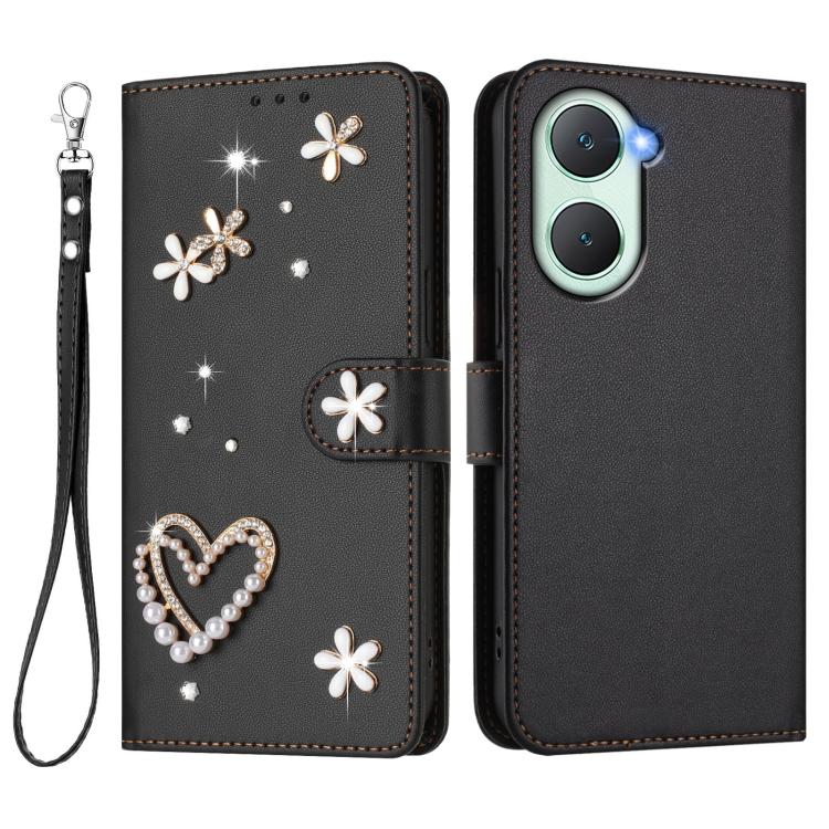For vivo Y03 4G Global / Y18 4G Global ZS01 Double-Layer Heart Floral Vegan Leather Phone Case with Wrist Strap