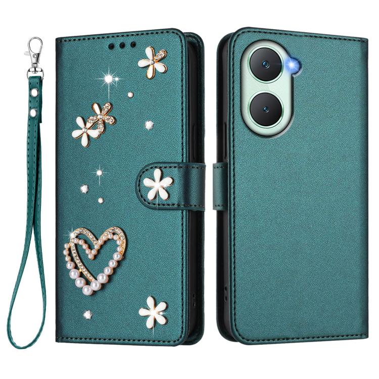 For vivo Y03 4G Global / Y18 4G Global ZS01 Double-Layer Heart Floral Vegan Leather Phone Case with Wrist Strap