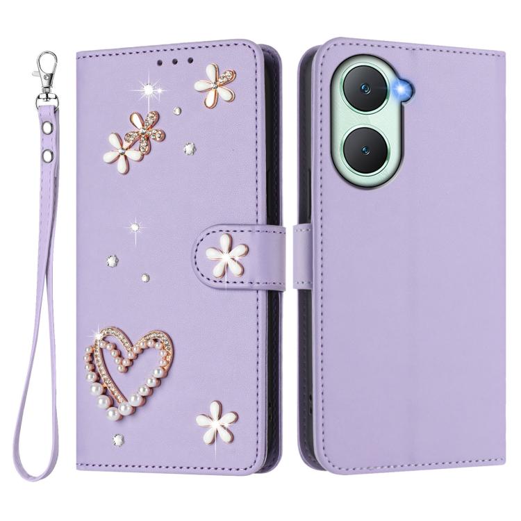 For vivo Y03 4G Global / Y18 4G Global ZS01 Double-Layer Heart Floral Vegan Leather Phone Case with Wrist Strap
