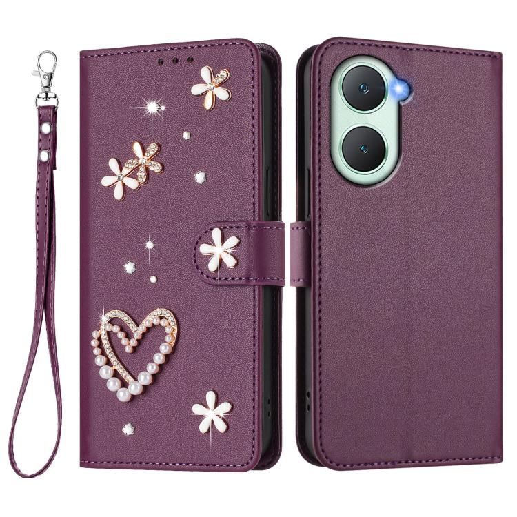 For vivo Y03 4G Global / Y18 4G Global ZS01 Double-Layer Heart Floral Vegan Leather Phone Case with Wrist Strap