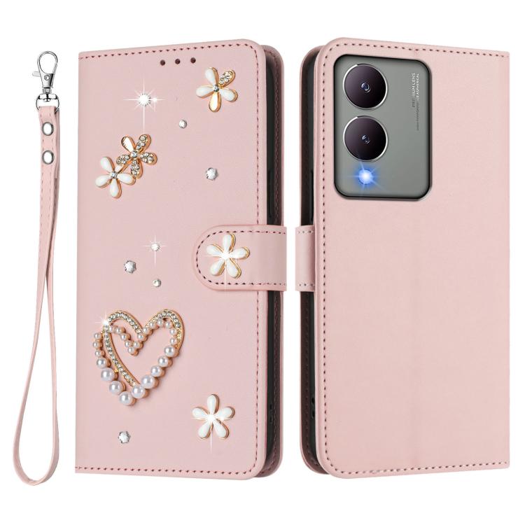 For vivo Y17s 4G Global / Y17s 5G India ZS01 Double-Layer Heart Floral Vegan Leather Phone Case with Wrist Strap