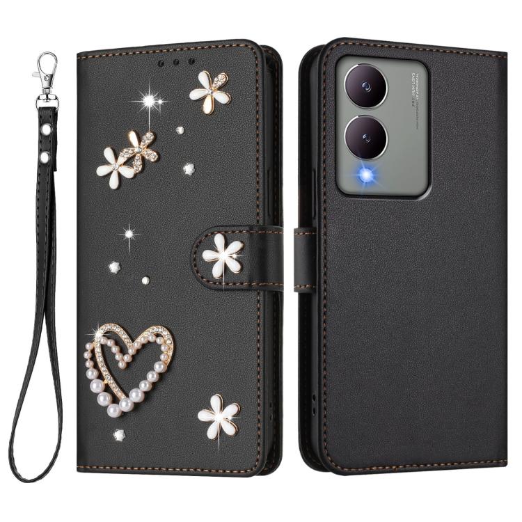 For vivo Y17s 4G Global / Y17s 5G India ZS01 Double-Layer Heart Floral Vegan Leather Phone Case with Wrist Strap