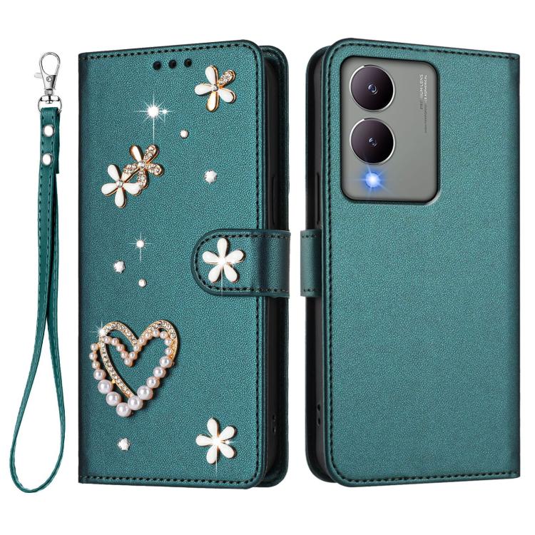 For vivo Y17s 4G Global / Y17s 5G India ZS01 Double-Layer Heart Floral Vegan Leather Phone Case with Wrist Strap