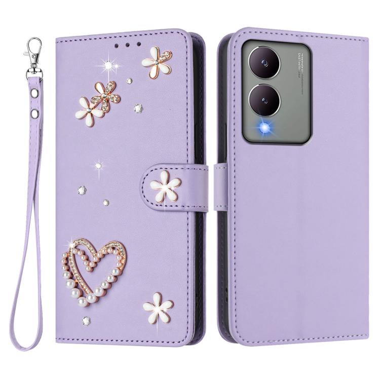 For vivo Y17s 4G Global / Y17s 5G India ZS01 Double-Layer Heart Floral Vegan Leather Phone Case with Wrist Strap
