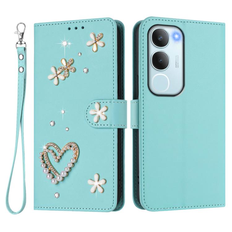 For vivo Y19s 4G Global / Y29 5G India ZS01 Double-Layer Heart Floral Vegan Leather Phone Case with Wrist Strap