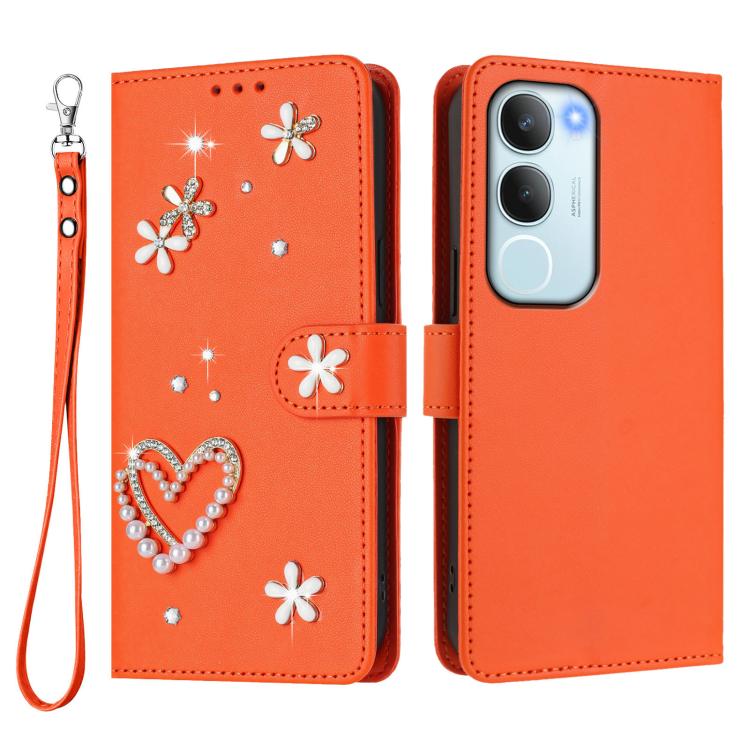 For vivo Y19s 4G Global / Y29 5G India ZS01 Double-Layer Heart Floral Vegan Leather Phone Case with Wrist Strap