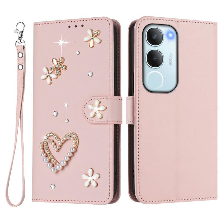 For vivo Y19s 4G Global / Y29 5G India ZS01 Double-Layer Heart Floral Vegan Leather Phone Case with Wrist Strap