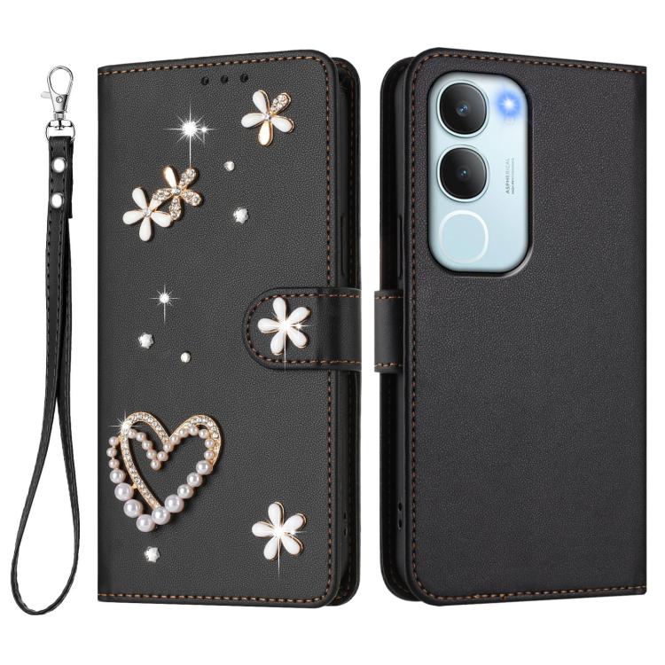 For vivo Y19s 4G Global / Y29 5G India ZS01 Double-Layer Heart Floral Vegan Leather Phone Case with Wrist Strap