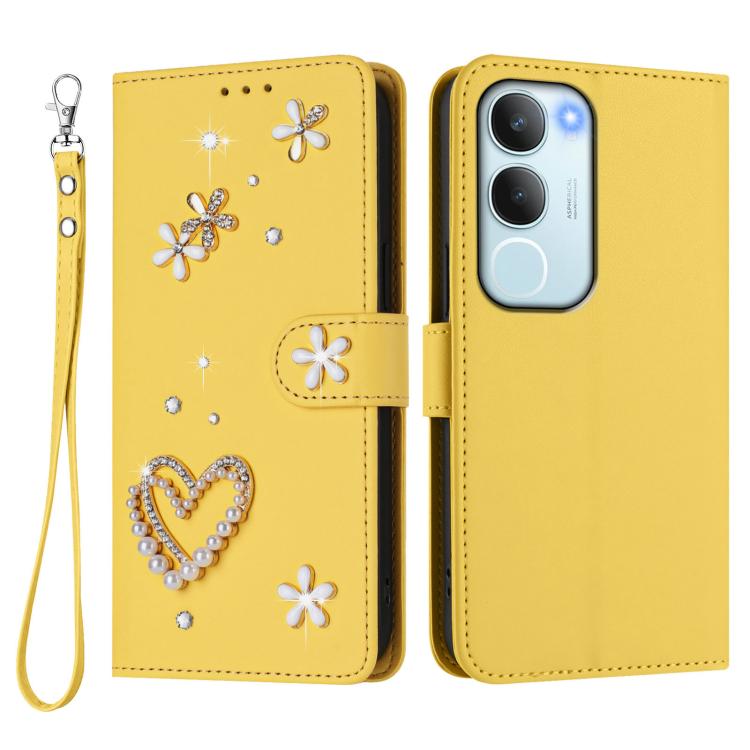 For vivo Y19s 4G Global / Y29 5G India ZS01 Double-Layer Heart Floral Vegan Leather Phone Case with Wrist Strap