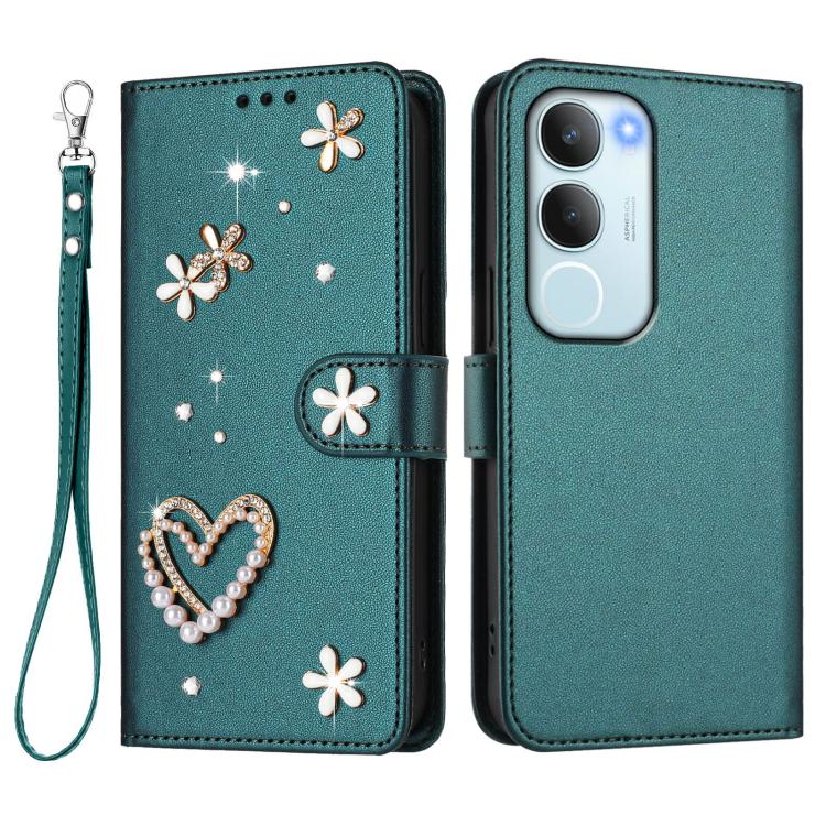 For vivo Y19s 4G Global / Y29 5G India ZS01 Double-Layer Heart Floral Vegan Leather Phone Case with Wrist Strap