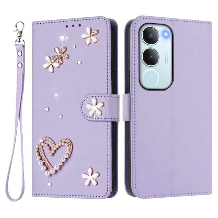 For vivo Y19s 4G Global / Y29 5G India ZS01 Double-Layer Heart Floral Vegan Leather Phone Case with Wrist Strap