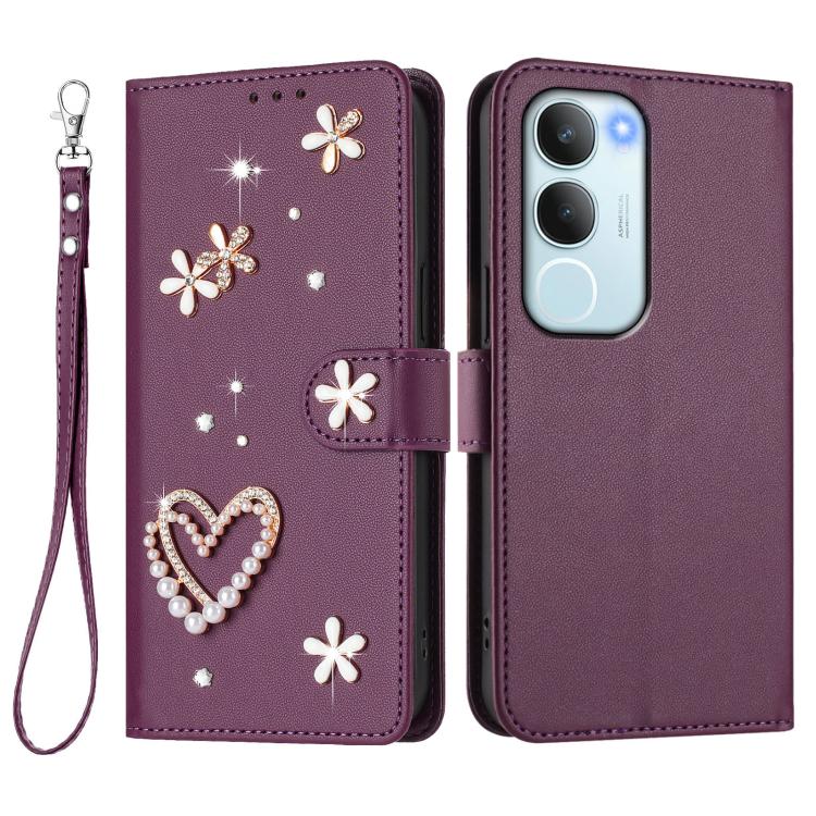 For vivo Y19s 4G Global / Y29 5G India ZS01 Double-Layer Heart Floral Vegan Leather Phone Case with Wrist Strap