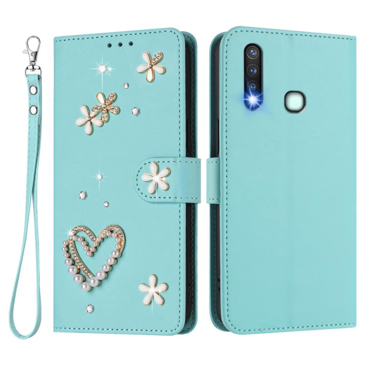 For vivo Y19 / U3 / Y5s / Z5i / U20 ZS01 Double-Layer Heart Floral Vegan Leather Phone Case with Wrist Strap