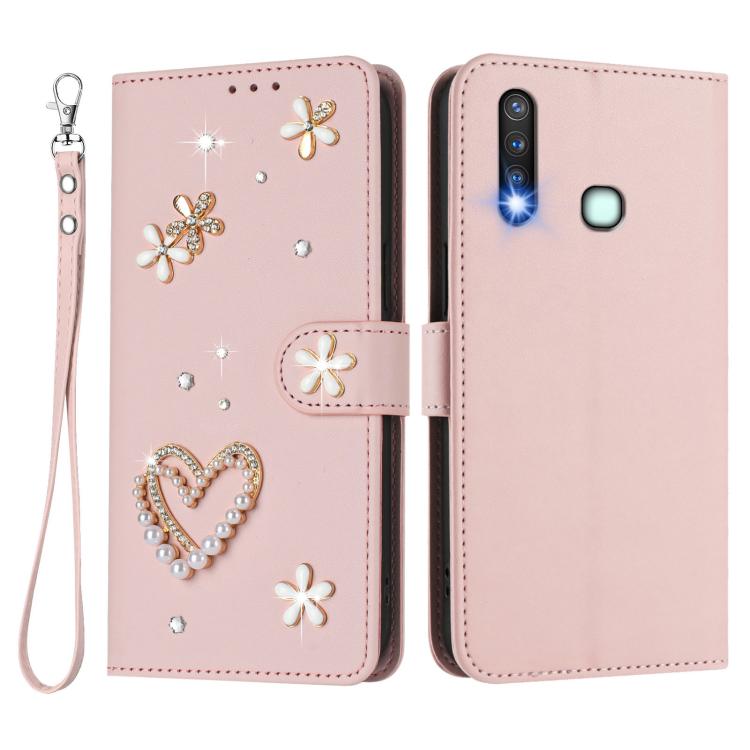 For vivo Y19 / U3 / Y5s / Z5i / U20 ZS01 Double-Layer Heart Floral Vegan Leather Phone Case with Wrist Strap