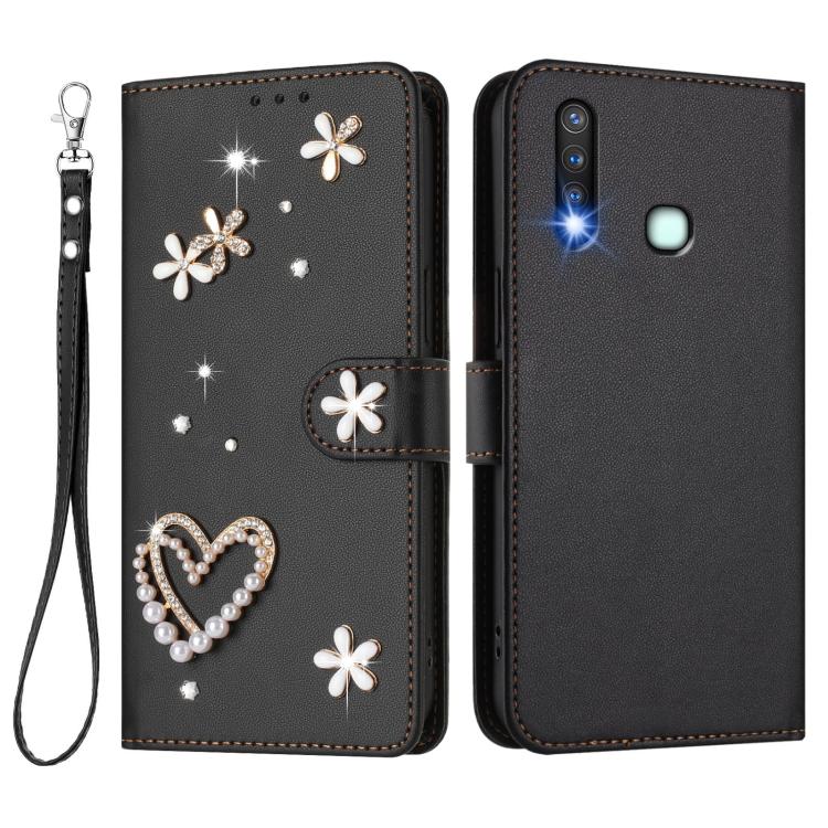 For vivo Y19 / U3 / Y5s / Z5i / U20 ZS01 Double-Layer Heart Floral Vegan Leather Phone Case with Wrist Strap