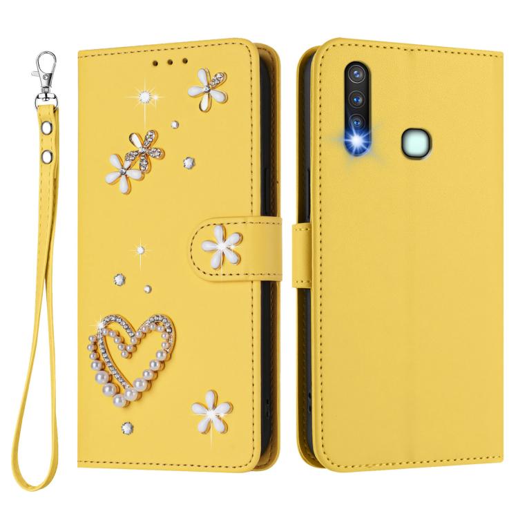 For vivo Y19 / U3 / Y5s / Z5i / U20 ZS01 Double-Layer Heart Floral Vegan Leather Phone Case with Wrist Strap