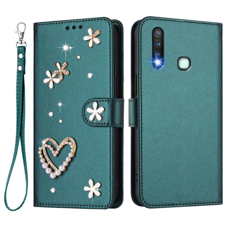 For vivo Y19 / U3 / Y5s / Z5i / U20 ZS01 Double-Layer Heart Floral Vegan Leather Phone Case with Wrist Strap
