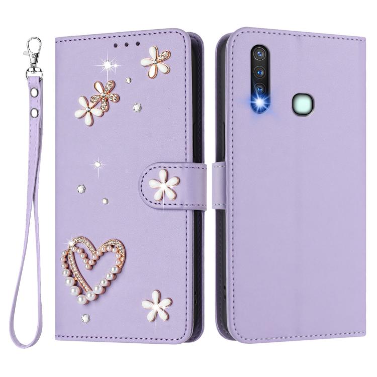 For vivo Y19 / U3 / Y5s / Z5i / U20 ZS01 Double-Layer Heart Floral Vegan Leather Phone Case with Wrist Strap
