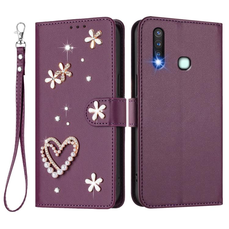 For vivo Y19 / U3 / Y5s / Z5i / U20 ZS01 Double-Layer Heart Floral Vegan Leather Phone Case with Wrist Strap