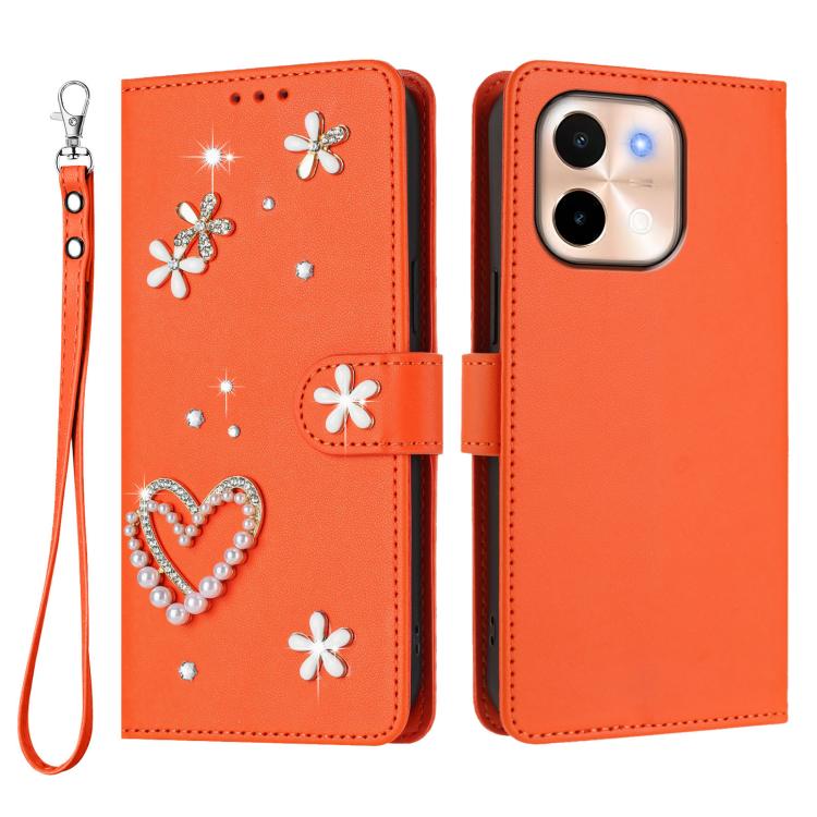 For vivo Y28 4G Global ZS01 Double-Layer Heart Floral Vegan Leather Phone Case with Wrist Strap
