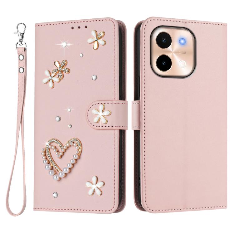 For vivo Y28 4G Global ZS01 Double-Layer Heart Floral Vegan Leather Phone Case with Wrist Strap