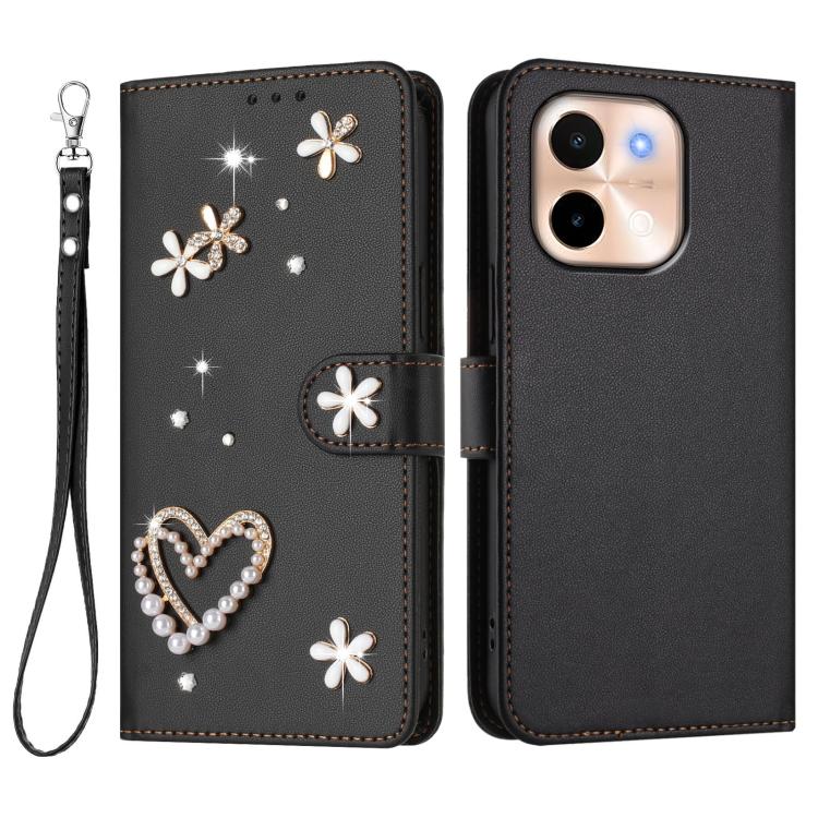 For vivo Y28 4G Global ZS01 Double-Layer Heart Floral Vegan Leather Phone Case with Wrist Strap