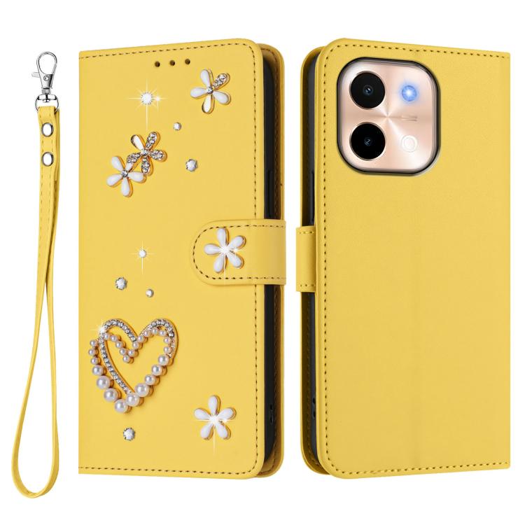 For vivo Y28 4G Global ZS01 Double-Layer Heart Floral Vegan Leather Phone Case with Wrist Strap