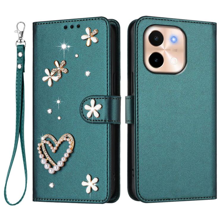 For vivo Y28 4G Global ZS01 Double-Layer Heart Floral Vegan Leather Phone Case with Wrist Strap