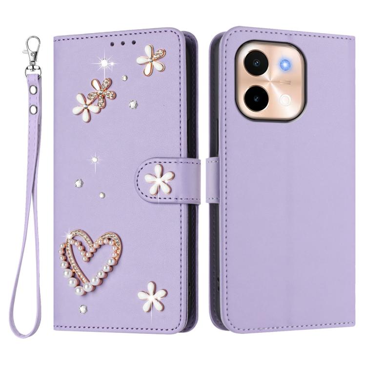 For vivo Y28 4G Global ZS01 Double-Layer Heart Floral Vegan Leather Phone Case with Wrist Strap