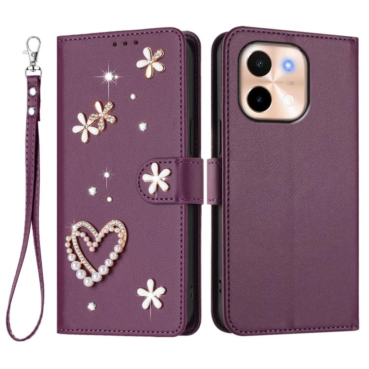 For vivo Y28 4G Global ZS01 Double-Layer Heart Floral Vegan Leather Phone Case with Wrist Strap