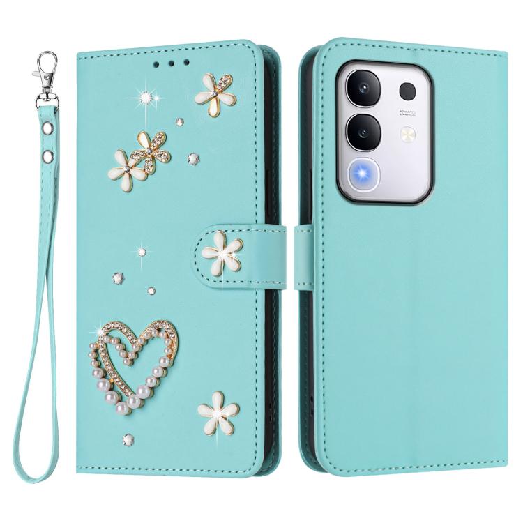 For vivo Y29 4G Global / T4x 5G / Y300t 5G ZS01 Double-Layer Heart Floral Vegan Leather Phone Case with Wrist Strap