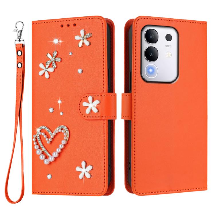 For vivo Y29 4G Global / T4x 5G / Y300t 5G ZS01 Double-Layer Heart Floral Vegan Leather Phone Case with Wrist Strap