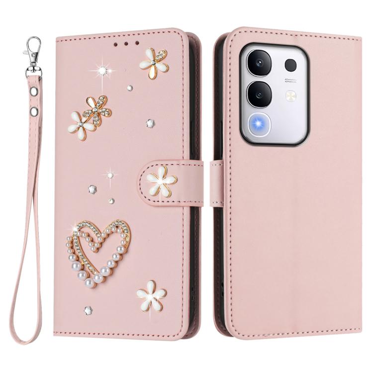 For vivo Y29 4G Global / T4x 5G / Y300t 5G ZS01 Double-Layer Heart Floral Vegan Leather Phone Case with Wrist Strap