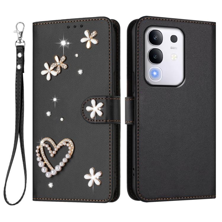 For vivo Y29 4G Global / T4x 5G / Y300t 5G ZS01 Double-Layer Heart Floral Vegan Leather Phone Case with Wrist Strap