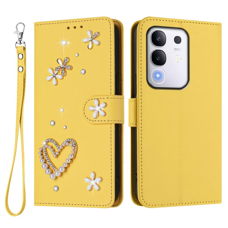 For vivo Y29 4G Global / T4x 5G / Y300t 5G ZS01 Double-Layer Heart Floral Vegan Leather Phone Case with Wrist Strap