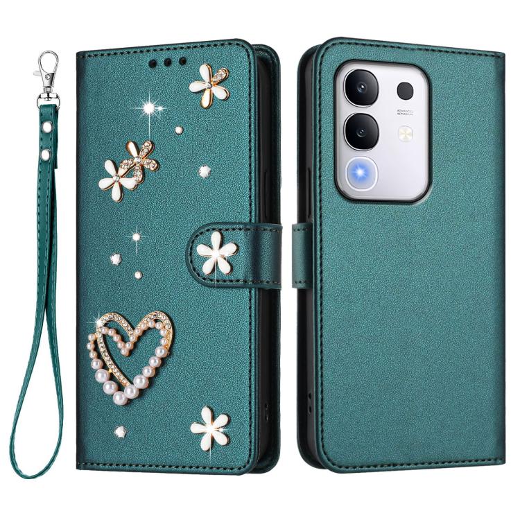 For vivo Y29 4G Global / T4x 5G / Y300t 5G ZS01 Double-Layer Heart Floral Vegan Leather Phone Case with Wrist Strap