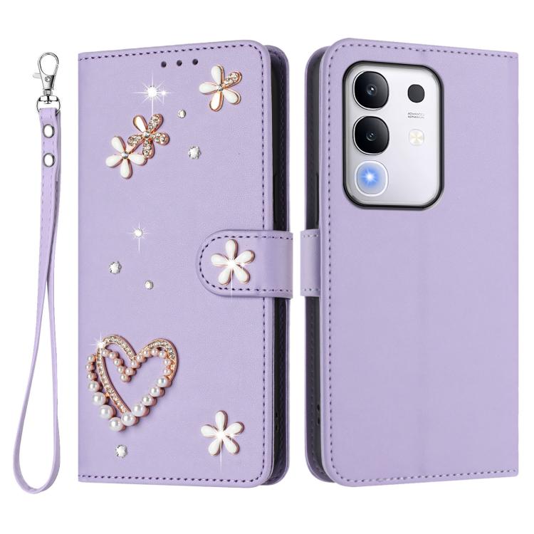 For vivo Y29 4G Global / T4x 5G / Y300t 5G ZS01 Double-Layer Heart Floral Vegan Leather Phone Case with Wrist Strap