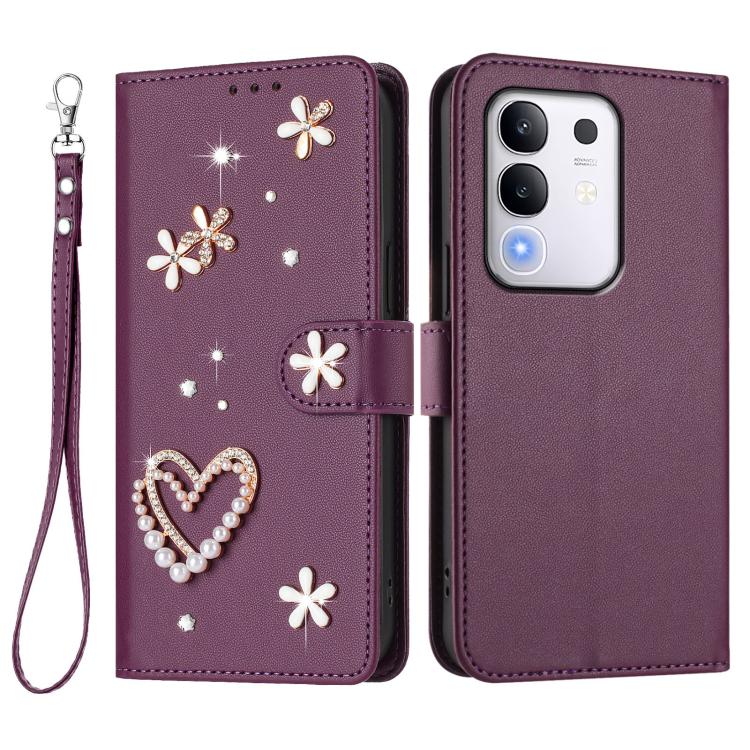 For vivo Y29 4G Global / T4x 5G / Y300t 5G ZS01 Double-Layer Heart Floral Vegan Leather Phone Case with Wrist Strap